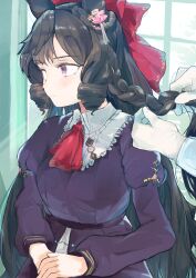 Rule 34 | 1girl, 1other, absurdres, animal ears, ascot, black hair, bow, daiichi ruby (umamusume), dress, drill hair, fagrp12, flower, hair bow, hair flower, hair ornament, highres, horse ears, horse girl, long hair, long sleeves, looking to the side, purple dress, purple eyes, red ascot, red bow, solo focus, umamusume, upper body, very long hair