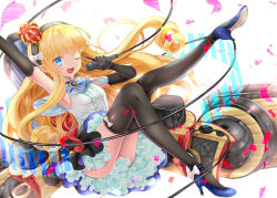 Rule 34 | 1girl, ;d, arm up, azur lane, black gloves, black thighhighs, blonde hair, blue eyes, blue footwear, bow, breasts, commentary request, crown, drill hair, elbow gloves, fang, gloves, hairband, high heels, holding, holding microphone, leg lift, long hair, machinery, microphone, mini crown, one eye closed, open mouth, petals, queen elizabeth (azur lane), shirt, shoes, sitting, skirt, sleeveless, sleeveless shirt, small breasts, smile, solo, thighhighs, user ksya5233, very long hair, white background, white bow, white shirt