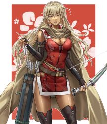 Rule 34 | 1girl, absurdres, arrow (projectile), black footwear, black gloves, blonde hair, bow (weapon), breasts, brown cape, brown eyes, cape, cleavage, dark-skinned female, dark skin, dress, elbow gloves, fingerless gloves, fire emblem, fire emblem: the binding blade, gloves, highres, holding, holding arrow, holding bow (weapon), holding weapon, igrene (fire emblem), large breasts, lipstick, looking at viewer, makeup, nintendo, quiver, red dress, red lips, smile, sobasakuhin, solo, thighhighs, upper body, weapon