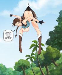 Rule 34 | 1girl, alternate breast size, armpits, arms behind head, arms up, artist name, ass, blue sky, braid, braided ponytail, breasts, breasts out, brown hair, butt crack, downpants, english text, gun, handgun, highres, huge ass, jungle, lara croft, large breasts, lips, long hair, looking at viewer, messy hair, mybadbunny, nature, navel, nipples, no bra, no panties, parted lips, shiny skin, shirt, short shorts, shorts, simple background, sky, speech bubble, standing, tank top, thighs, tomb raider, tree, very long hair, weapon, wide hips
