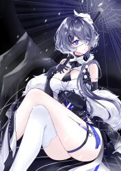 Rule 34 | 1girl, absurdres, arknights, ass, black dress, black gloves, black umbrella, breasts, cleavage, clothing cutout, commentary, dress, elbow gloves, eyepatch, feet out of frame, fur shawl, gloves, grey hair, hair ornament, hair over one eye, highres, holding, holding umbrella, knees up, lalihop, long hair, looking to the side, medical eyepatch, medium breasts, mountainous horizon, official alternate costume, oil-paper umbrella, parted lips, ponytail, purple eyes, shawl, shoulder cutout, single thighhigh, sitting, snowing, solo, syringe, tassel, thigh strap, thighhighs, two-tone dress, umbrella, whisperain (arknights), whisperain (tremble cold) (arknights), white dress, white thighhighs, x hair ornament