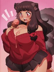Rule 34 | 1girl, animal ears, arm behind back, bare shoulders, blunt bangs, blush, bow, breasts, brown hair, cleavage, collarbone, commentary request, commission, cowboy shot, eating, food, highres, holding, holding food, holding ice cream, ice cream, ice cream cone, ice cream cone spill, large breasts, long hair, looking away, miniskirt, notice lines, off-shoulder sweater, off shoulder, open mouth, original, pink background, pleated skirt, red eyes, sanjiro (tenshin anman), sharp teeth, skeb commission, skirt, solo, sweater, tail, tareme, teeth, thick thighs, thighs