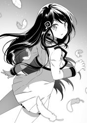 Rule 34 | 1girl, black hair, cowboy shot, dress, feathers, floating hair, from behind, greyscale, hair ornament, highres, long hair, looking back, monochrome, nardack, novel illustration, official art, onjouji shiori, parted lips, pleated dress, short dress, solo, surprised, ultimate antihero, uniform, very long hair, wide-eyed