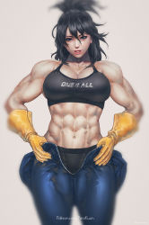 Rule 34 | 1girl, abs, black hair, boku no hero academia, breasts, gloves, highres, kuon (kwonchanji), large breasts, long hair, mole, mole under mouth, muscular, muscular female, realistic, shimura nana, smile, solo, sports bra, undressing, yellow gloves