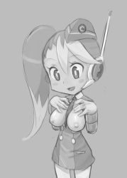 Rule 34 | 1girl, alternate breast size, asymmetrical hair, bad id, bad pixiv id, between breasts, blush stickers, breasts, breasts out, call (mighty no. 9), call e, dress, garrison cap, greyscale, hat, headset, jiffic, long hair, mighty no. 9, monochrome, necktie, necktie between breasts, nipples, puffy nipples, short dress, side ponytail, simple background, solo, uniform