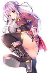 Rule 34 | 1girl, black panties, boots, breasts, commentary request, double bun, dutch angle, from below, hair bun, hand on own hip, kurou (quadruple zero), large breasts, leg up, long hair, long sleeves, mole, mole under eye, original, panties, plaid, plaid skirt, purple hair, red eyes, side-tie panties, sidelocks, simple background, skirt, smile, solo, thighhighs, tongue, tongue out, underwear, vest, white background