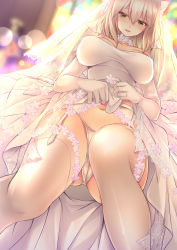 Rule 34 | 1girl, bare shoulders, blonde hair, bow, breasts, bride, choker, church, clothes lift, commentary request, dress, dress lift, elbow gloves, fate (series), flower, from below, garter belt, gloves, hair bow, hatori mia, highres, indoors, jewelry, large breasts, lifted by self, looking at viewer, navel, okita souji (fate), okita souji (koha-ace), panties, parted lips, ring, see-through, short hair, solo, thighhighs, underwear, veil, wedding dress, white bow, white choker, white dress, white gloves, white panties, white thighhighs, yellow eyes