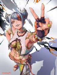 Rule 34 | 1girl, baggy pants, bracelet, breasts, collar, fingerless gloves, fingernails, foot out of frame, gloves, green eyes, grey hair, grin, hair horns, han juri, highres, jewelry, long fingernails, looking at viewer, medium breasts, mitsu plus, multicolored hair, no shoes, official alternate color, orange eyes, orange hair, palette swap, pants, parted lips, shadow, smile, solo, spiked anklet, spiked bracelet, spiked collar, spikes, stirrup footwear, streaked hair, street fighter, street fighter 6, twitter username, v, white background, yellow nails