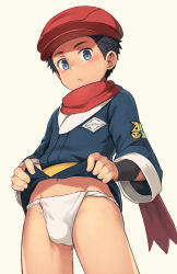 Rule 34 | 1boy, absurdres, black hair, black wristband, blue eyes, blue shirt, blush, bulge, closed mouth, clothes lift, commentary request, cowboy shot, creatures (company), daikung, from below, fundoshi, game freak, hat, highres, japanese clothes, lifted by self, long sleeves, looking at viewer, male focus, male underwear, midriff, midriff peek, navel, nintendo, pokemon, pokemon legends: arceus, red hat, red scarf, rei (pokemon), sash, scarf, shirt, short hair, simple background, solo, underwear, white male underwear, wristband