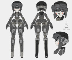 Rule 34 | 1girl, :d, armor, arms at sides, character sheet, colored skin, commentary request, facial mark, flat color, from behind, from side, goggles, goggles on head, grey background, grey eyes, head-mounted display, highres, joints, looking at viewer, multiple views, no feet, open mouth, original, robot girl, robot joints, smile, soruto 0w98e, standing, straight-on, white skin