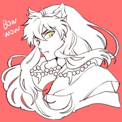 Rule 34 | 1boy, animal ears, closed mouth, floating hair, inuyasha, inuyasha (character), jewelry, long hair, male focus, monochrome, motobi (mtb umk), necklace, pearl necklace, red background, simple background, solo, spot color, upper body, yellow eyes