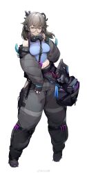 Rule 34 | 1girl, absurdres, bag, bags under eyes, blue shirt, boots, breasts, cable, chinese commentary, cichi, closed mouth, coat, full body, glasses, grey coat, grey eyes, grey hair, grey nails, grey pants, gun, handgun, headgear, headphones, highres, holding, large breasts, long hair, long sleeves, looking at viewer, midriff, multicolored nails, navel, original, pants, purple nails, shirt, simple background, sleeveless, sleeveless shirt, sleeves past wrists, solo, standing, tachi-e, torn clothes, torn shirt, wavy mouth, weapon, weibo logo, weibo watermark, white background