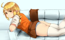 Rule 34 | 1girl, ahoge, ass, blonde hair, blouse, blush, braid, brown eyes, couch, elf, french braid, from side, long hair, looking at viewer, lying, on stomach, original, panties, pointy ears, sakushin, shirt, skindentation, skirt, solo, striped clothes, striped panties, thighhighs, thighs, underwear, white shirt, white thighhighs