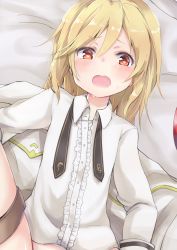 Rule 34 | 1girl, absurdres, amano kouki, bed sheet, blonde hair, blush, center frills, collared shirt, dutch angle, frills, girls&#039; frontline, hair between eyes, heart, heart-shaped pupils, highres, long hair, long sleeves, looking at viewer, lying, nagant revolver (girls&#039; frontline), on back, open mouth, out-of-frame censoring, red eyes, shirt, solo, sweat, symbol-shaped pupils, white shirt