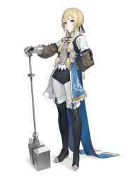 Rule 34 | 1girl, arm behind back, armor, blonde hair, blue eyes, boots, breastplate, full body, gauntlets, golden crown guardian (km yama), hammer, hand on hilt, highres, km yama, long hair, looking at viewer, original, solo, standing, thigh boots, war hammer, weapon, white background