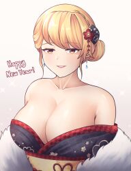 Rule 34 | 1girl, absurdres, alternate costume, azur lane, bare shoulders, black kimono, blonde hair, blue gemstone, breasts, cleavage, collarbone, commentary, earrings, english commentary, feather boa, flower, gem, hair flower, hair ornament, happy new year, highres, japanese clothes, jewelry, kimono, large breasts, looking at viewer, new year, prince of wales (azur lane), pumpkinpaii, red flower, sash, simple background, smile, solo, upper body, white background, yellow eyes, yellow sash