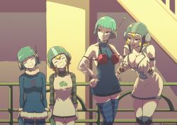 Rule 34 | 4girls, bis (jsr), blonde hair, blue dress, blush, bob cut, breast envy, breasts, cleavage, commentary, creatures (company), crying, crying with eyes closed, deep skin, detached sleeves, dress, dual persona, english commentary, facial tattoo, game freak, green hair, green sweater, gum (jsr), headphones, helmet, jet set radio, knee pads, large breasts, medium breasts, multiple girls, nintendo, nose blush, pantyhose, parody, pokemon, pokemon (anime), pokemon (classic anime), pokemon ep018, popped collar, see-through, see-through sleeves, sega, short dress, short hair, small breasts, spray can, streaming tears, striped clothes, striped sweater, sweater, tattoo, tears, thighhighs, time paradox, turtleneck, turtleneck dress, turtleneck sweater, tyrone, white dress, wireless, zettai ryouiki