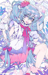 Rule 34 | 1girl, absurdres, ankle scrunchie, bird, blue eyes, blue hair, bow, braid, center frills, commentary, fang, flower, frilled shirt, frilled shirt collar, frills, gloves, hair between eyes, hair bow, hair flower, hair ornament, hands up, hatsune miku, highres, long hair, looking at viewer, open mouth, pink flower, pink skirt, red bow, scrunchie, shirt, skin fang, skirt, sleeveless, sleeveless shirt, smile, solo, sparkle, symbol-only commentary, taowu (20809), twintails, vocaloid, white bird, white gloves, white shirt