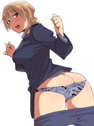 Rule 34 | 10s, 1girl, annotation request, ass, black pantyhose, brave witches, brown hair, butt crack, em (totsuzen no hakike), from behind, grey eyes, looking back, military, military uniform, open mouth, panties, pantyhose, print panties, short hair, simple background, solo, strike witches, underwear, uniform, waltrud krupinski, world witches series