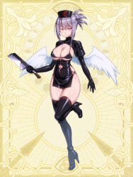 Rule 34 | 1girl, angel wings, bikini, boots, breasts, chain paradox, cleaver, cocytus (wind master), full body, grey hair, hat, high heel boots, high heels, juliet sleeves, large breasts, latex, long sleeves, looking at viewer, nurse cap, puffy sleeves, red eyes, solo, swimsuit, thigh boots, wings