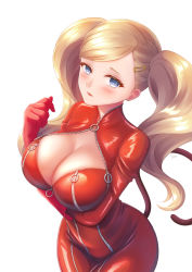 Rule 34 | 1girl, arm under breasts, blonde hair, blue eyes, blush, bodysuit, breasts, cat tail, catsuit, cleavage, cleavage cutout, clothing cutout, cowboy shot, ear piercing, gloves, hair ornament, hairclip, hand up, highres, large breasts, persona, persona 5, piercing, red bodysuit, red gloves, sebu illust, signature, simple background, solo, swept bangs, tail, takamaki anne, twintails, white background, zipper