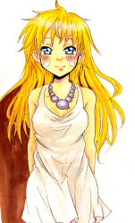 Rule 34 | 1girl, alternate costume, arms behind back, beads, blonde hair, blue eyes, blush, breasts, chrono (series), chrono cross, dress, facial mark, female focus, hair down, highres, jewelry, kid (chrono cross), long hair, medium breasts, necklace, smile, solo, tusia, white dress, unfinished