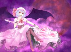 Rule 34 | 1girl, ascot, bad id, bad pixiv id, bat wings, blue hair, female focus, full moon, hat, hat ribbon, moon, open mouth, polearm, primamiya, red eyes, red moon, remilia scarlet, ribbon, short hair, smile, solo, spear, touhou, weapon, wings