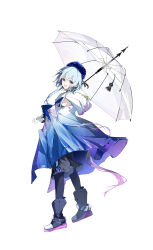 Rule 34 | 1boy, :d, arknights, black footwear, black shorts, blue hair, blue hat, boots, from side, full body, gloves, gradient clothes, hat, highres, holding, holding umbrella, hood, hood down, knee boots, long hair, looking at viewer, looking to the side, male focus, mizuki (arknights), open mouth, pink hair, shengxianxiaoyupian, shorts, sidelocks, simple background, smile, solo, standing, transparent, transparent umbrella, umbrella, very long hair, white background, white gloves