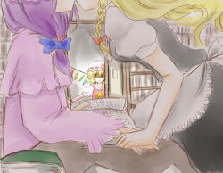 Rule 34 | 3girls, apron, bad id, bad pixiv id, blonde hair, book, bow, braid, caught, couple, female focus, flandre scarlet, hair bow, holding hands, head out of frame, kirisame marisa, kiss, library, long hair, moryu, multiple girls, open book, patchouli knowledge, purple hair, reading, red eyes, shaded face, short hair, sketch, embodiment of scarlet devil, touhou, voile, walk-in, wings, yandere, yuri