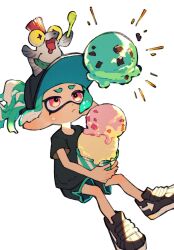 Rule 34 | 1other, ambiguous gender, animal, animal on head, baseball cap, black footwear, black hat, black shirt, black shorts, closed mouth, fish on head, food, green hair, halftone texture, hat, highres, ice cream, ice cream cup, inari1369, inkling, inkling player character, looking at food, looking up, mint chocolate, nintendo, on head, oversized food, oversized object, red eyes, salmonid, shirt, shoes, short sleeves, shorts, simple background, sitting, sneakers, solo, splatoon (series), splatoon 3, t-shirt, tentacle hair, white background
