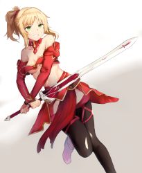 Rule 34 | 1girl, black pantyhose, black thighhighs, blonde hair, braid, breasts, cleavage, clenched teeth, detached collar, detached sleeves, fate/apocrypha, fate (series), gradient background, green eyes, highres, holding, holding weapon, leg lift, long hair, long sleeves, looking away, medium breasts, mordred (fate), mordred (fate/apocrypha), mosta (lo1777789), navel, pantyhose, parted lips, pelvic curtain, pink footwear, ponytail, red skirt, side braid, sidelocks, skirt, solo, standing, teeth, thighhighs, weapon