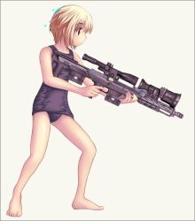 Rule 34 | 1girl, artist request, black one-piece swimsuit, blonde hair, bolt action, bullpup, character request, dsr-1, female focus, gun, one-piece swimsuit, rifle, school swimsuit, scope, short hair, sniper rifle, solo, swimsuit, weapon