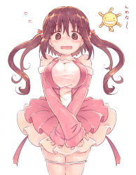Rule 34 | 10s, 1girl, @ @, bare shoulders, blush, breasts, brown eyes, brown hair, commentary request, detached sleeves, dress, ebina nana, female focus, himouto! umaru-chan, large breasts, long hair, looking at viewer, moyashimon, open mouth, oryzae-tan, panties, panty pull, pink dress, skirt, sleeves past wrists, solo, tokine (maikaze), twintails, underwear, wavy mouth, white panties