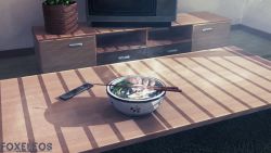 Rule 34 | artist name, bowl, chopsticks, commentary, controller, english commentary, food, foxeleos, highres, indoors, no humans, noodles, original, ramen, remote control, scenery, shadow, steam, table, television, watermark