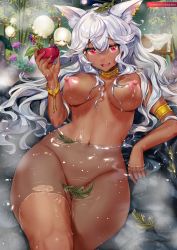 Rule 34 | 1girl, :d, absurdres, ahoge, animal ear fluff, animal ears, bat ears, bathing, between breasts, blush, bracelet, breasts, breasts apart, choker, cleavage, collarbone, completely nude, cup, dark-skinned female, dark skin, earrings, fangs, food, fruit, gluteal fold, gold, groin, hair between eyes, highres, holding, holding cup, jewelry, lactation, large breasts, light areolae, long hair, looking at viewer, melonbooks, messy hair, mira (ogino atsuki), multiple piercings, navel, neck ring, nipples, nude, onsen, open mouth, orange eyes, original, pink eyes, sidelocks, sitting, smile, solo, stomach, tan, thigh gap, thighs, upper body, wet, white hair, yanyo (ogino atsuki)