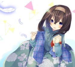Rule 34 | 1girl, abe suke, brown hair, commentary request, feathers, floral print, gift, hair between eyes, hairband, holding, holding gift, idolmaster, idolmaster cinderella girls, long sleeves, looking at viewer, open mouth, plaid, plaid scarf, purple eyes, sagisawa fumika, scarf, short hair, solo