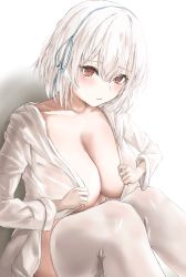 Rule 34 | 1girl, alternate costume, azur lane, breasts, cleavage, highres, large breasts, looking at viewer, open clothes, open shirt, red eyes, sherlock hime, shirt, short hair, simple background, sirius (azur lane), sitting, solo, thighhighs, white background, white hair, white shirt, white thighhighs