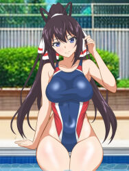 Rule 34 | 1girl, black hair, blue eyes, blue one-piece swimsuit, breasts, competition swimsuit, covered navel, cowboy shot, hata (pixiv10403940), high ponytail, highleg, highleg swimsuit, highres, infinite stratos, large breasts, long hair, multicolored clothes, multicolored swimsuit, one-piece swimsuit, ponytail, poolside, shinonono houki, sitting, soaking feet, solo, split ponytail, swimsuit, thigh gap