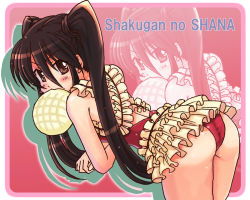 Rule 34 | 00s, ass, bad id, bad pixiv id, bikini, black hair, bread, casual one-piece swimsuit, food, frilled bikini, frills, hamoto, melon bread, mouth hold, one-piece swimsuit, red bikini, shakugan no shana, shana, solo, swimsuit, twintails, zoom layer