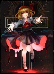 Rule 34 | 1girl, ascot, black border, black skirt, blonde hair, border, dark background, foreshortening, hair ribbon, highres, kyogoku-uru, looking at viewer, neck bobbles, open hand, open hands, outstretched arms, outstretched hand, parted lips, reaching, reaching towards viewer, red ascot, red eyes, ribbon, rumia, short hair, skirt, sky, smile, socks, solo, space, spread fingers, standing, standing on one leg, star (sky), starry sky, touhou