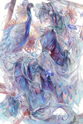Rule 34 | 1girl, absurdres, bird, dress, flower, highres, juliet sleeves, long hair, long sleeves, looking at another, morning glory, original, orokudesu, peacock, peahen, puffy sleeves, ribbon, solo, sunflower, white background
