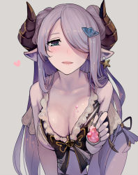 Rule 34 | 10s, 1girl, bare shoulders, bikini, blue eyes, blush, breasts, cleavage, draph, earrings, eyebrows, feeding, food, food on body, granblue fantasy, hair ornament, hair over one eye, heart, holding, horns, incoming food, jewelry, large breasts, leaning forward, long hair, narmaya (granblue fantasy), narmaya (summer) (granblue fantasy), open mouth, pointy ears, shaved ice, sidelocks, simple background, solo, spoon, swimsuit, walzrj, white bikini