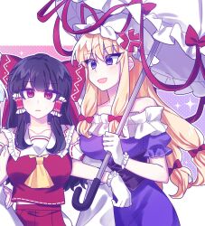 Rule 34 | 2girls, anger vein, ascot, black hair, blonde hair, bow, breasts, commentary, detached sleeves, dress, frilled bow, frilled hair tubes, frills, gloves, hair bow, hair tubes, hakurei reimu, hat, hat ribbon, highres, holding, holding umbrella, light blush, locked arms, long hair, mob cap, multiple girls, off-shoulder dress, off shoulder, open mouth, parasol, purple dress, purple eyes, red bow, red eyes, red ribbon, red skirt, ribbon, ribbon-trimmed sleeves, ribbon trim, short sleeves, skirt, skirt set, sparkle, sweatdrop, toichou butterfly, touhou, umbrella, white gloves, yakumo yukari, yellow ascot