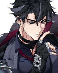 Rule 34 | 1boy, absurdres, black gloves, black hair, closed mouth, coat, earrings, expressionless, fingerless gloves, fur trim, genshin impact, gloves, hair between eyes, highres, jewelry, male focus, moyamohya, multicolored hair, necktie, open hand, red necktie, scar, scar on neck, short hair, simple background, solo, streaked hair, upper body, white background, wriothesley (genshin impact)