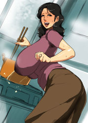 Rule 34 | 1girl, bad id, bad pixiv id, black eyes, black hair, blush, breasts, cooking, full-face blush, housewife, huge breasts, impossible clothes, lactation, lactation through clothes, looking at viewer, mature female, mokuzou, open mouth, original, solo, sweat