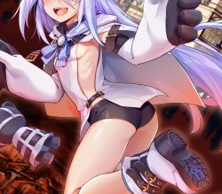 Rule 34 | 1girl, :d, animal hands, armpit peek, ass, black choker, black shorts, boots, breasts, cape, choker, elbow gloves, gloves, head out of frame, highres, linmiu (smilemiku), little witch nobeta, monica (little witch nobeta), no bra, open mouth, paw gloves, revealing clothes, sharp teeth, shirt, short shorts, shorts, sideboob, sideless outfit, small breasts, smile, solo, teeth, thighs, twisted torso, white footwear, white shirt