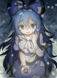 Rule 34 | 1girl, bangle, begging, blue bow, blue eyes, blue hair, blue skirt, bow, bowl, bracelet, broken, collarbone, curled fingers, dior-zi, grey shirt, hair bow, hand up, highres, jewelry, long hair, looking at viewer, messy hair, ofuda, ofuda on clothes, parted lips, puffy short sleeves, puffy sleeves, seiza, shirt, short sleeves, sitting, skirt, snow, snowing, solo, tears, touhou, yorigami shion