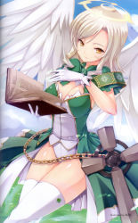 Rule 34 | 1girl, absurdres, angel, angel wings, blonde hair, book, breasts, chain, cleavage, clover, four-leaf clover, gloves, glowing, halo, highres, large breasts, leotard, original, scan, solo, thighhighs, third-party edit, wazuka, wazuka ha shine, white gloves, white thighhighs, wings, yellow eyes