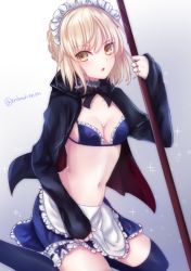 Rule 34 | 1girl, apron, artoria pendragon (alter swimsuit rider) (fate), artoria pendragon (alter swimsuit rider) (second ascension) (fate), artoria pendragon (fate), black jacket, black ribbon, black thighhighs, blonde hair, blue bra, blue skirt, blush, bra, breasts, cleavage, collarbone, fate/grand order, fate (series), frilled apron, frilled bra, frilled skirt, frills, hair between eyes, holding, holding weapon, jacket, maid headdress, medium breasts, midriff, miniskirt, navel, neck ribbon, open clothes, open jacket, open mouth, polearm, ribbon, short hair, sitting, skirt, solo, stomach, tanaji, thighhighs, underwear, weapon, white apron, yellow eyes
