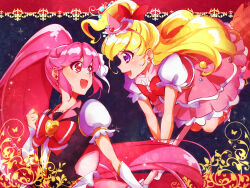 Rule 34 | 2girls, :d, aino megumi, asahina mirai, black vest, blonde hair, bow, broom, broom riding, cure lovely, cure miracle, detached sleeves, dress, earrings, eye contact, floating hair, hair bow, hairband, happinesscharge precure!, hat, hat ornament, heart, heart earrings, heart hat ornament, high ponytail, highres, jewelry, layered dress, long hair, looking at another, mahou girls precure!, multiple girls, open mouth, pink hair, pink hairband, pink headwear, precure, purple eyes, red bow, red eyes, shipu (gassyumaron), short sleeves, smile, very long hair, vest, white dress, white sleeves, witch hat